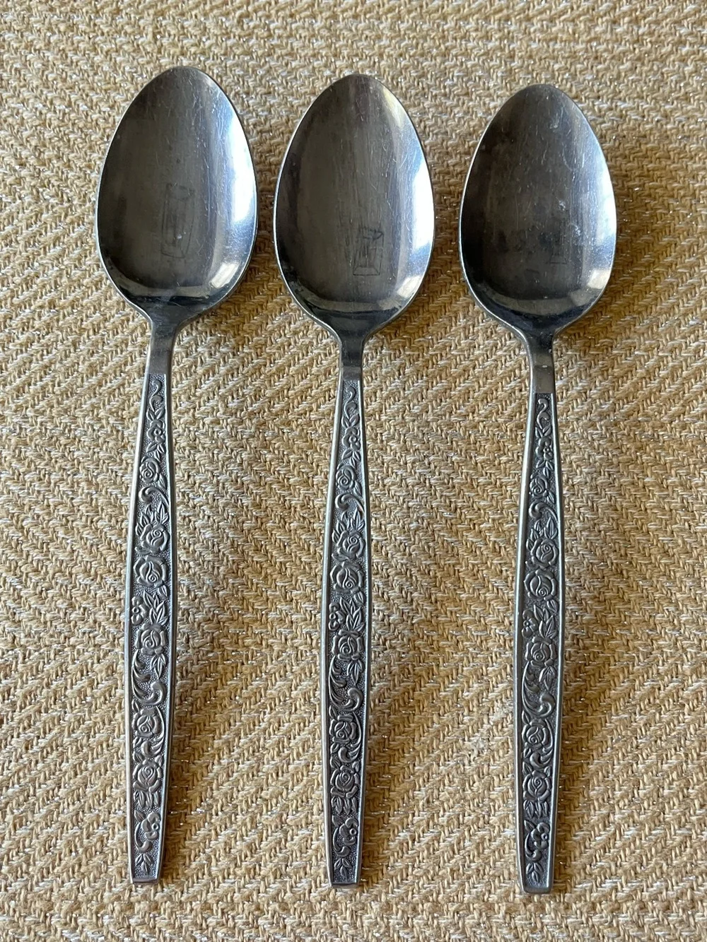 Vintage Granada Rose Textured Flowers Stainless Japan Soup Spoons (3)